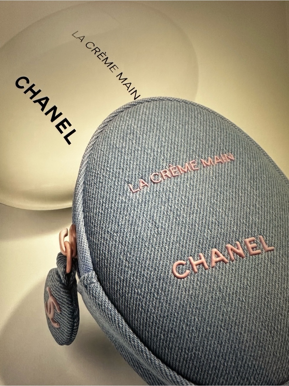 New in Box CHANEL Denim La Crème Main Hand Cream Pouch with Pink Accents LT. ED.